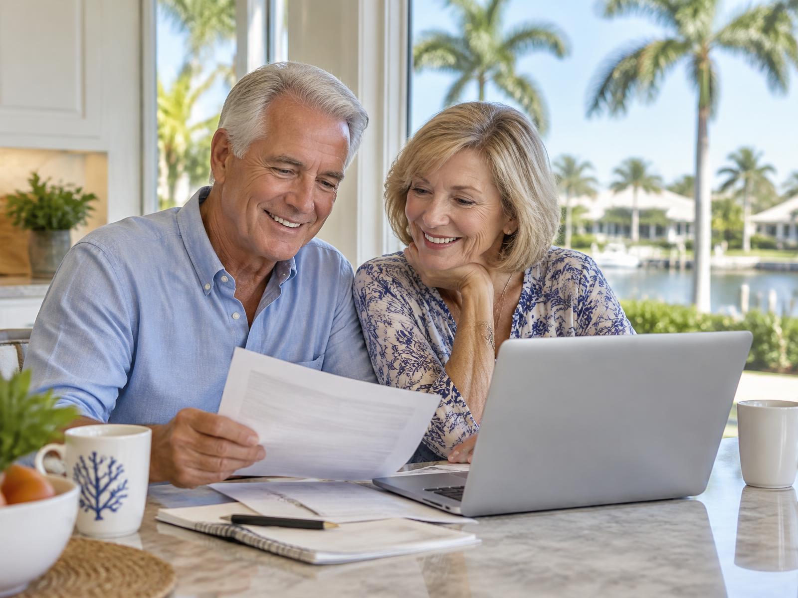 Retired couple reviewing Medicare plan options at their kitchen table